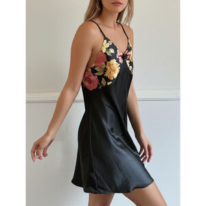 Black Floral Satin Slip Dress Women’s Medium V-Neck Spaghetti Strap Romantic
